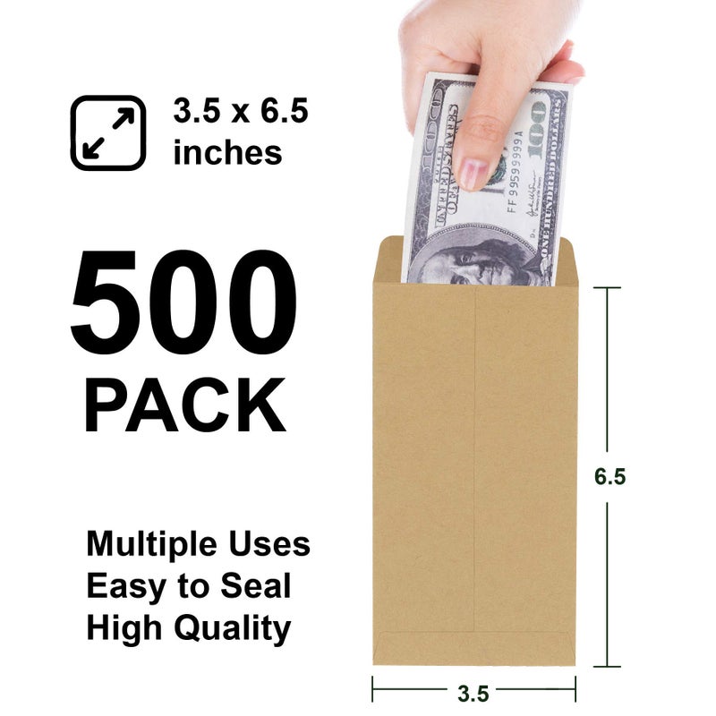 Bubbley Money Envelopes, 500 Pack Kraft Cash Envelopes, Small Parts Envelopes with Gummed Seal, 3.5 x 6.5 Inches - Image 3